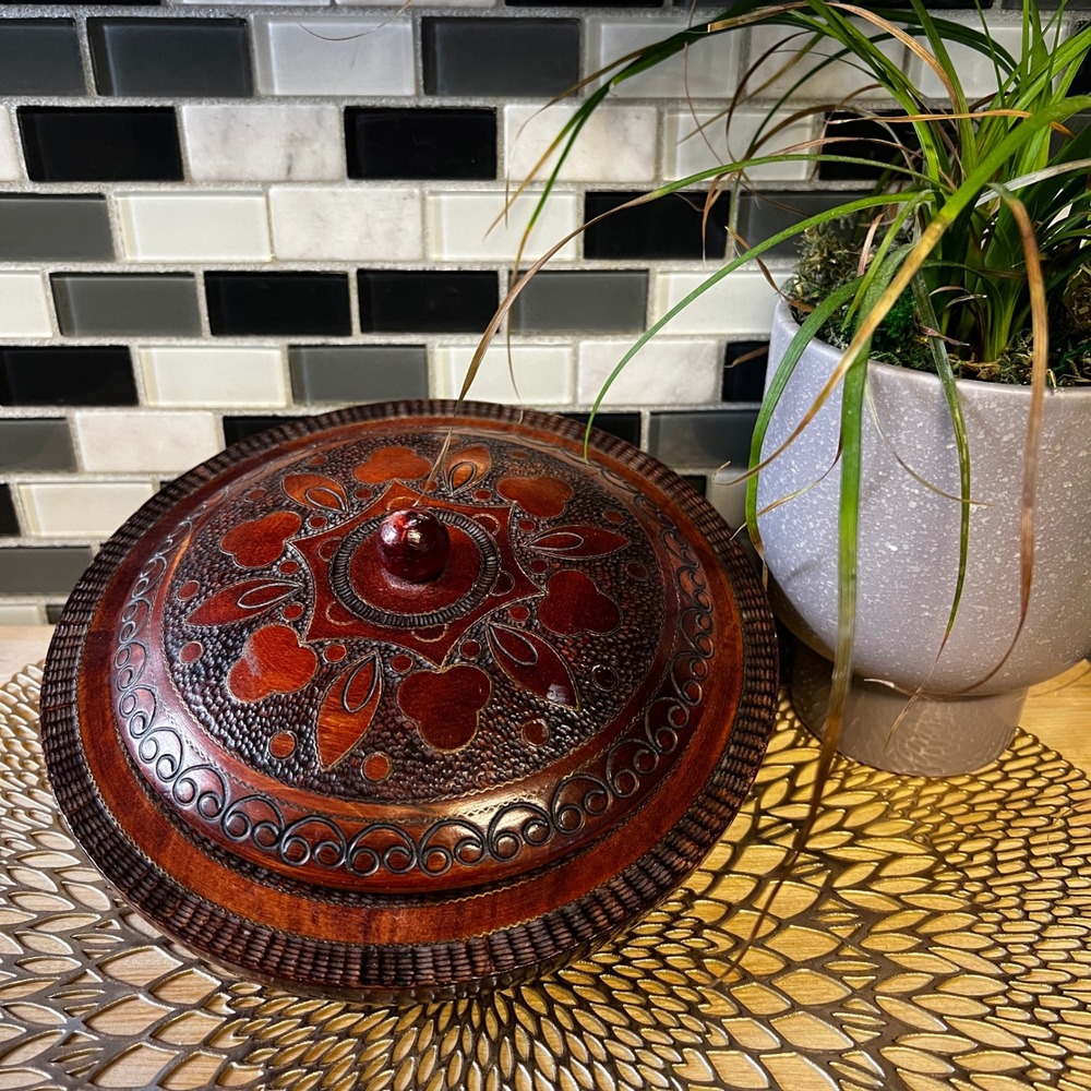 Polish Hand Carved Wood Trinket Box Dish Lid & Bowl Decorative Storage Container - Picture 2 of 10